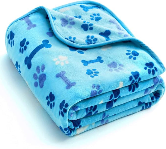 Allisandro Luxurious Dog Blanket, 350 GSM Super Fuzzy Microplush Fleece Pet Blankets for Small Medium Large Dogs and Cats, Blue Paw and Bone, 64" x 40"