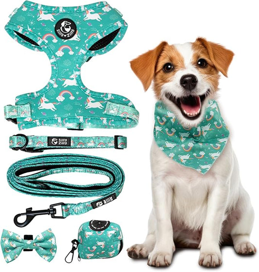No Pull Harness and Leash Set - 6-in-1 Adjustable Vest Harness and Collars for Medium and Large Dogs. (Tile Unicorn, Small)