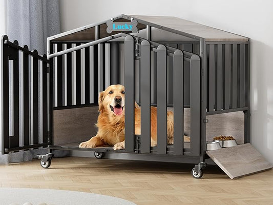 EasyCom 41“ Heavy Duty Dog Crate Furniture, Dogs Kennel Indoor with 360° Wheels, Decorative Dog Kennels for Medium Dogs, Dog Crate with Feeding Window and Name Tag, Dog House, Oak Grey