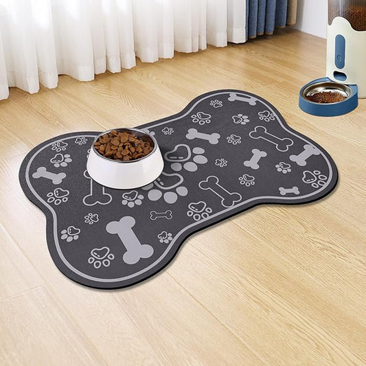 Dog Cat Food Mat,Rapid Absorbent Pet Feeding Mat, Bone Shaped Dog Placemat Water Bowl Mat with Rubber Backing,No Stains Dog Cat Food Mats Indoor, Pet Accessories Supplies 23"x36" Dark Grey