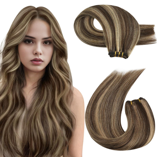 Moresoo Weft Hair Extensions Human Hair Brown Highlight Sew In Hair Extensions Real Human Hair Dark Brown With Caramel Blonde Ha
