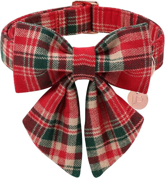Christmas Plaid Dog Collar with Bow Tie– Adjustable Red & Green Checkered Dog Collar for Small Medium Large Dogs, Soft Xmas Plaid Puppy Collars with Quick Release Buckle XS