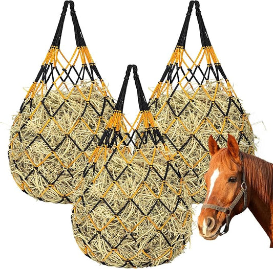 3 Pcs Hay Bags for Horses, Hay Nets for Horses Goat Sheep,Goat Hay Feeder for Slower Feeding,Strong Load-Bearing Hay Bag Hanging for Horse Stable Trailer (Black and Yellow)