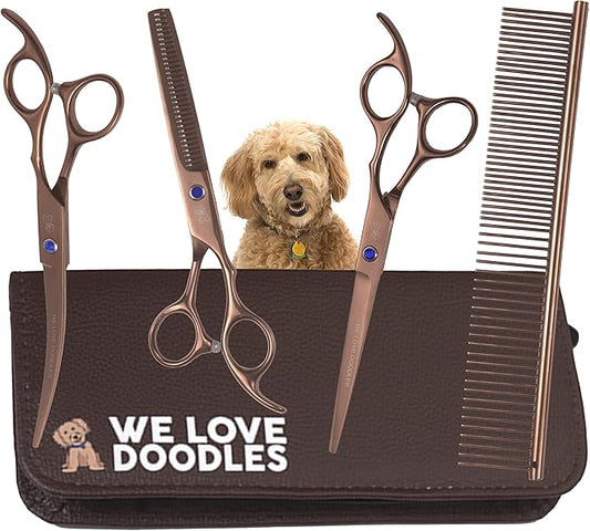 Dog Grooming Scissors Kit - Best Tools for Goldendoodles & Poodles - Straight, Curved & Thinning Shears - Professional Grade Stainless Steel, 4 Pc Set [We Love Doodles]