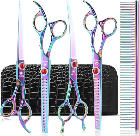 GLADOG Pro Rainbow 7 Inch Professional Pet Grooming Scissors Kit, 6-in-1 Dog Scissors, Titanium Coated, Stainless Steel, Right Handed, 5 Count