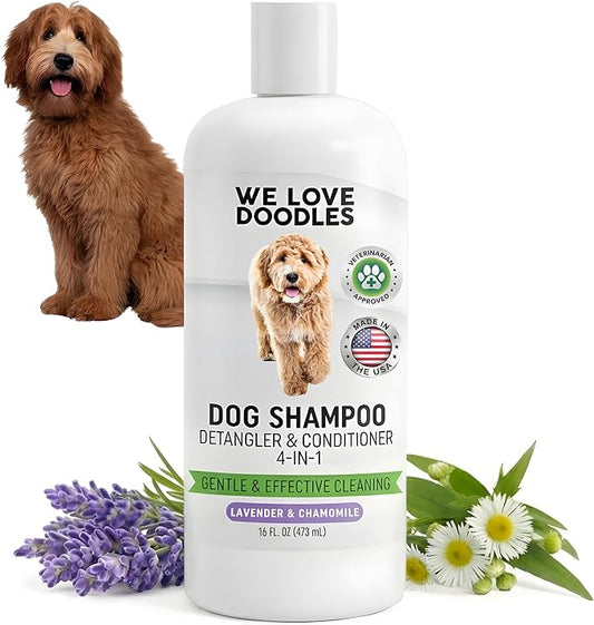 Dog Shampoo, Conditioner & Detangler - Best Shampoo for Goldendoodles, Poodles & Doodles Pet Hair - Hypoallergenic, Tearless, Sensitive Skin for Puppies & All Dog Breeds - Made in USA, 16OZ (Lavender)