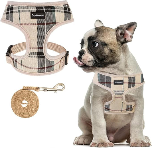 SCENEREAL Puppy Dog Harness with Leash Set for Small Medium Sized Dogs, Soft Mesh Pet Harnesses and Leash, No Chock Plaid Adjustable No Pull Vest for Dogs Cats, Chihuahua,Bulldog (Beige M)