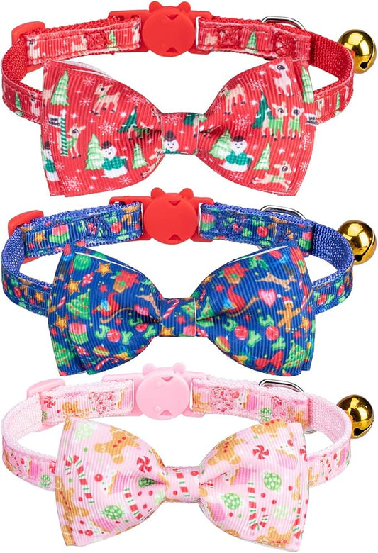 Christmas Breakaway Cat Collar with Removable Bow Tie and Bell, Cute Xmas Patterns, 3 Pack Safety Buckle Kitten Collars, Adjustable Pet Collar