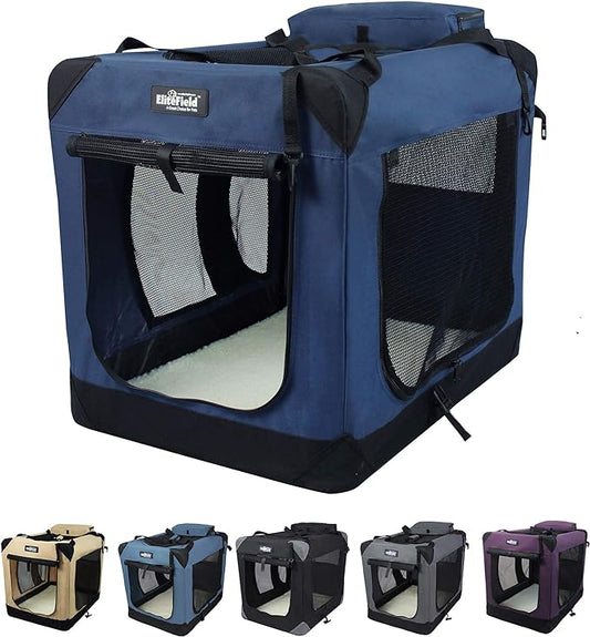 EliteField 3-Door Folding Soft Dog Crate with Carrying Bag and Fleece Bed (2 Year Warranty), Indoor & Outdoor Pet Home (24" L x 18" W x 21" H, Navy Blue)