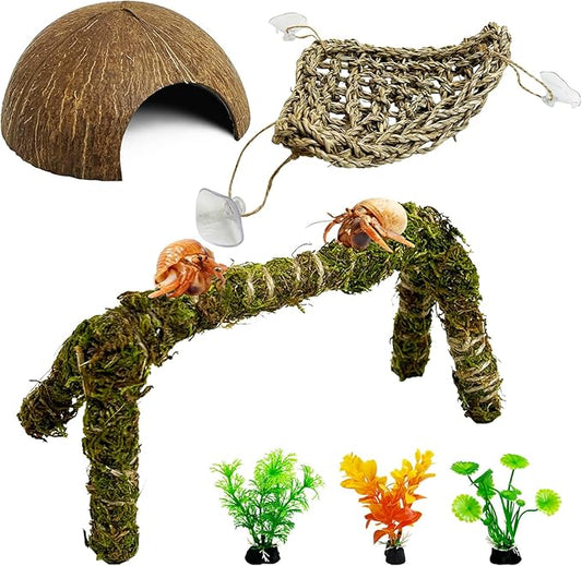 6 PCS Hermit Crab Accessories Set Large Bendable Moss Hermit Crab Climbing Toys Coconut Shell Hut Climbing Hammock with Suction Cup Plastic Plants for Reptile Amphibian