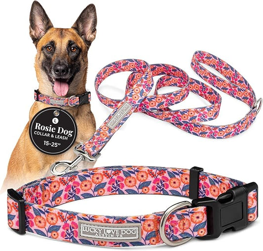 Lucky Love Dog - Easy Click Buckle Dog Collar with Leash Set Combo, Durable & Comfortable for Male & Female Dogs, Pet Collar for Large Dogs, Secure Fit - Floral Rosie Combo, Large