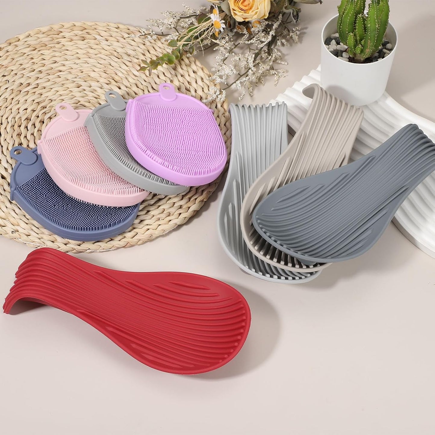 uxcell 1 Set Silicone Spoon Rest for Stove Top, Silicone Spoon Holder for Cooking Spatula, Ladle, Brush Grey/Purple