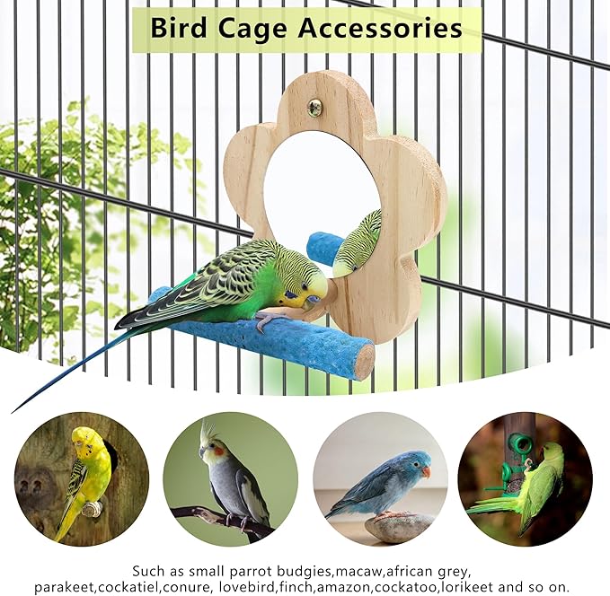 2Pcs Small Bird Mirror Parrot Swing,Wooden Parakeet Perches Flower Interactive Play Toys for Small Budgies Macaw African Grey Parakeets Lovebird Cockatiel Cage Accessories (S,Wood-2p)