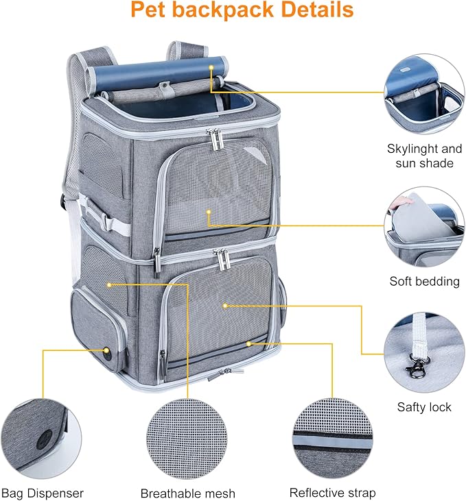 Double Cat Carrier for 2 Cats,Dog Backpack Carrier for Medium Dogs,Double Compartment Pet Carrier Backpack for Dual Pets,for Outdoor Traveling/Stroll and Picnic