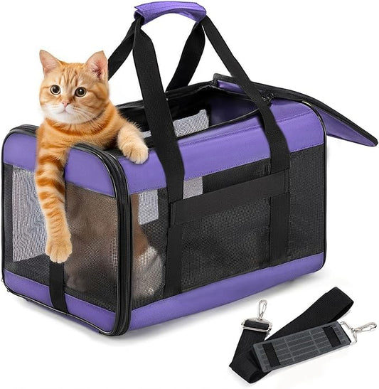 Cat Carrier Airline Approved, Soft-Sided Dog Carrier with Inner Safety Leash, Pet Transport Carrier for Small-Medium Cats Puppies up to 15 Lbs, Collapsible Travel Kitten Carrier Bag -Purple M
