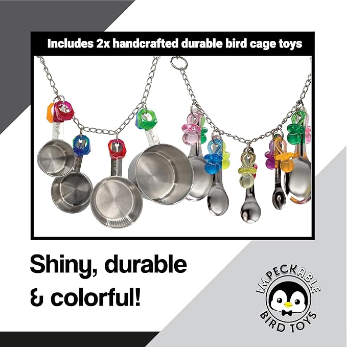 1970 Pk2 Pot and Spoon Delight Features Shiny pots and Spoons with Acrylic Rings and Pacifiers, Handcrafted for African Greys Amazons Macaws