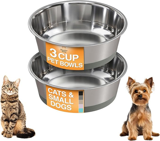 Neater Pet Brands Stainless Steel Dog Bowls with Non-Slip Rubber Bottom – 3 Cup (24 oz), Gray - Set of 2 Heavy Duty Metal Dog Bowls, Dishwasher Safe, Food or Water Bowl, Ideal for Small to Medium Dogs