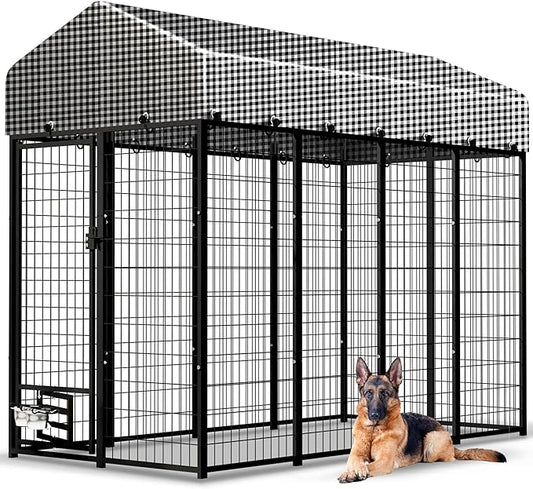 Large Outside Dog Kennel, Outdoor Dog Run Enclosure 8'x4'x6'（Including The roof） Dog Pen House with Roof Cover Heavy Duty Welded Wire Steel Dog Playpen Animal Fence with Feeding Door