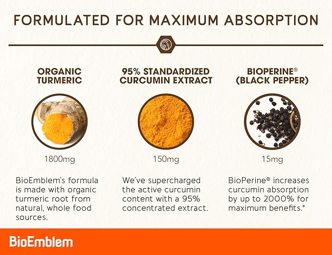 BioEmblem Turmeric Curcumin Supplement with BioPerine | Joint Support & Heart Health | with Organic Turmeric Powder & 95% Curcuminoids Extract | California Made, Non-GMO, 150-Day Supply