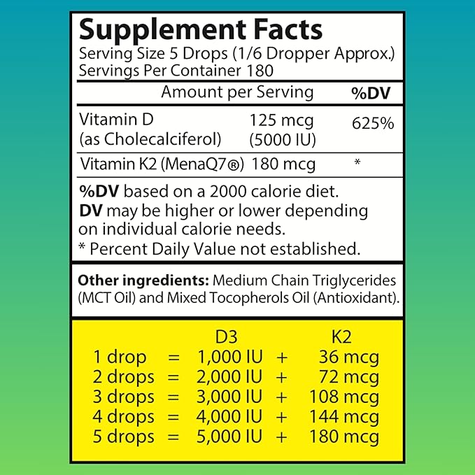 Vitamin D3 K2 Liquid Drops - Vegan Vitamin D3 5000 IU, Vitamin D Drops Adult, No Fillers, Non-GMO, No Taste, Liquid Vitamin d3 with k2 Supplement to Boost Energy Levels, Mood, Immune System, 1 fl oz