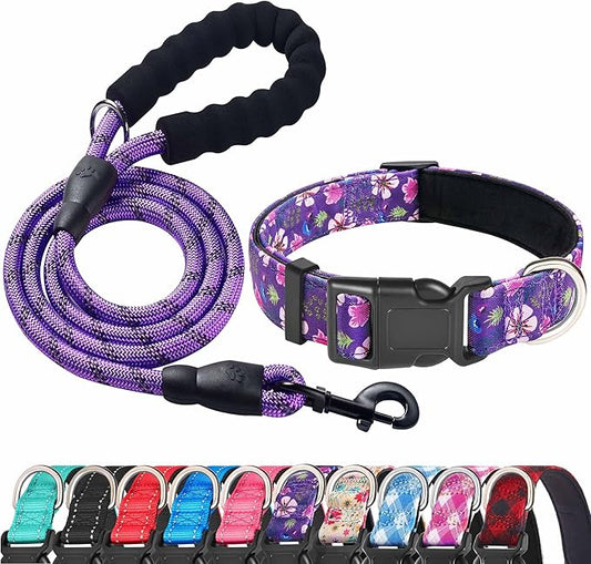 Reflective Dog Collar Padded with Soft Neoprene Breathable Adjustable Nylon Dog Collars for Small Medium Large Dogs (Large (Pack of 1), Purple/Pink Floral Collar+Leash)