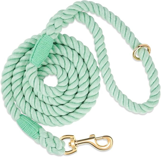 Dog Leash 6 FT Handmade Braided Cotton Rope Leashes for Small Medium and Large Dogs, New Golden Heavy Duty Metal Clasp, Light Green