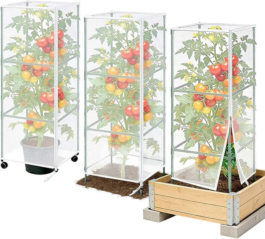 3 Pack Garden Netting Cover for Square Tomato Cage, 48"x14"Bird Netting Barrier with Zipper Drawstring Tomato Trellis Net Mesh Climbing Plant Cover for Protecting Vegetable Fruits from Animals Insect
