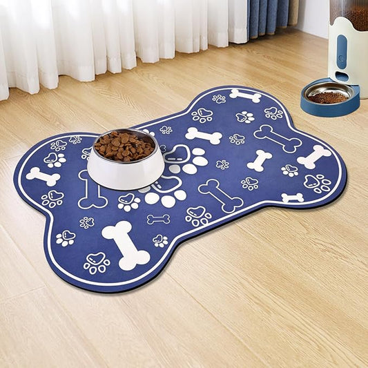 Dog Cat Mat for Food and Water,Rapid Absorbent Pet Feeding Mat, Bone Shaped Dog Placemat Bowl Mat with Rubber Backing,No Stains Pet Food Mats Indoor, Pet Accessories Supplies,Blue 23"×36"