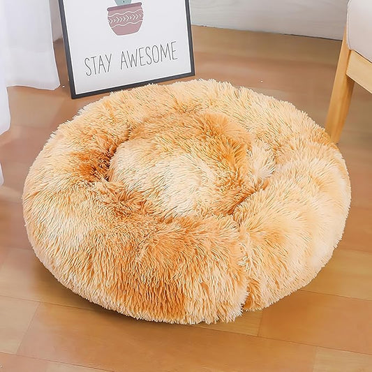 Calming Dog Bed for Small Dogs, Calming Donut Cuddler Pet Bed Anti Anxiety Round Dog Bed Fluffy Plush Faux Fur Cat Bed,Gradient Yellow,27.5IN