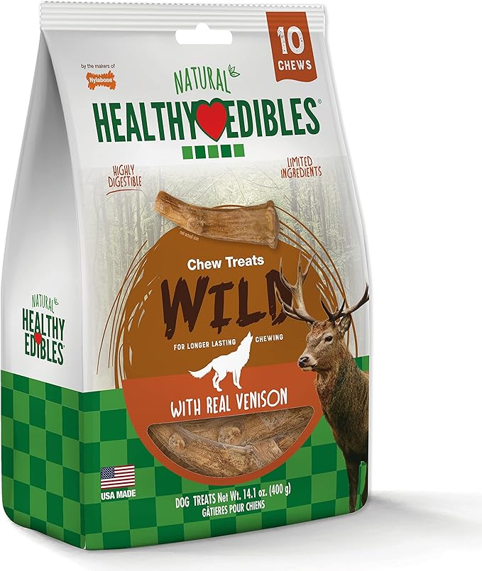 Nylabone Healthy Edibles WILD Natural Dog Chew Treats for Large Dogs, Long Lasting Dog Healthy Chew Antler Bone Made in USA, Venison Flavor, For Dogs Up to 50 lbs. (10 Count)