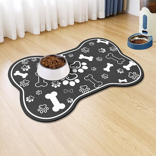 Dog Cat Food Mat,Rapid Absorbent Pet Feeding Mat, Bone Shaped Dog Placemat Water Bowl Mat with Rubber Backing,No Stains Dog Cat Food Mats Indoor, Pet Accessories Supplies 23"x36" Black