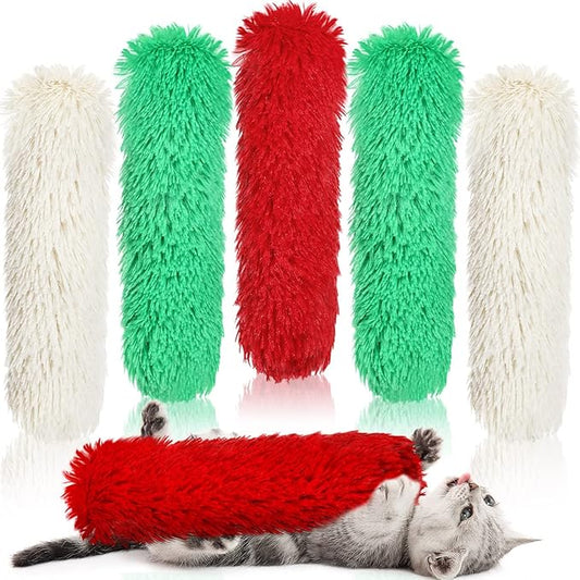 Civaner 6 Pcs Christmas Cat Catnip Toy for Indoor Cat 10.6 Inch Kitten Kicker Stick Catnip Toy with Crinkle Sound Inside Interactive Red Green White Plush Kitten Pillow for Chew Exercise