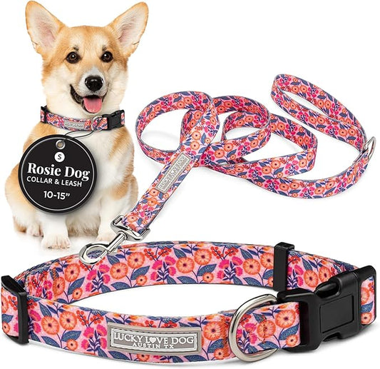 Lucky Love Dog - Easy Click Buckle Dog Collar with Leash Set Combo, Durable & Comfortable for Male & Female Dogs, Pet Collar for Small Dogs, Secure Fit - Floral Rosie Combo, Small