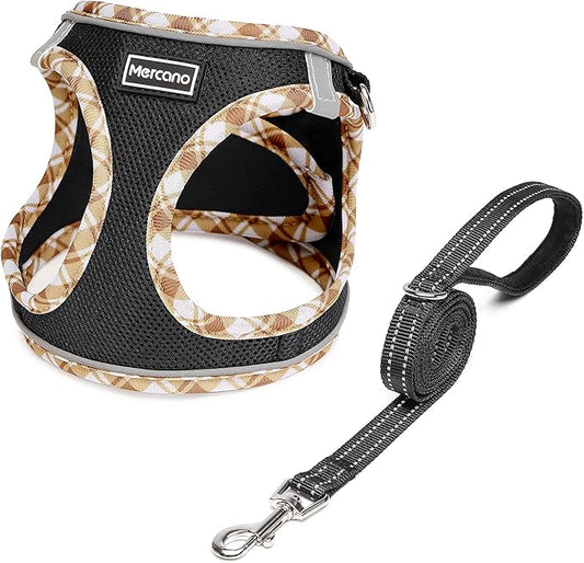 Mercano Soft Mesh Dog Harness and Leash Set, No-Chock Step-in Reflective Breathable Lightweight Easy Walk Vest Harnesses with Safety Buckle for Small Dogs, Cats (Black Yellow, XL)