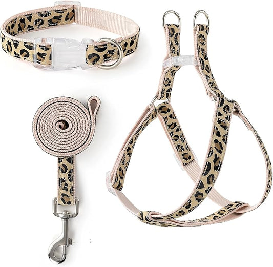 Mile High Life Leopard Dog Harness Collar Leash Set, Adjustable No Pull Dog Halter Harness for Small Breed Dogs, Easy Control for Training Walking (Beige, M Chest 15"-21", Neck 13"-17")