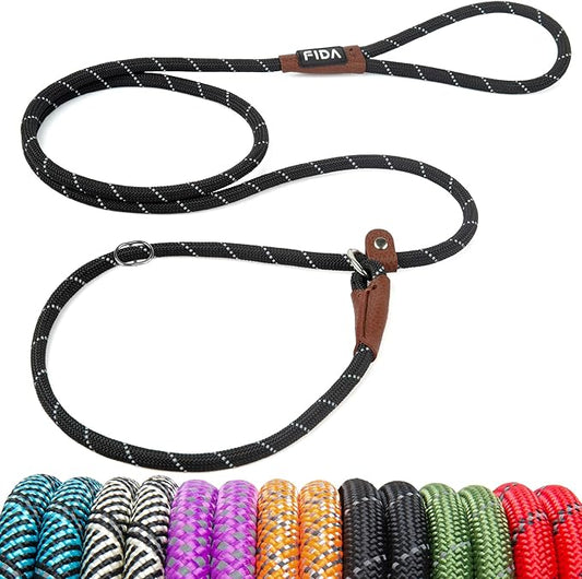 Fida Durable Slip Lead Dog Leash, 6 FT x 3/8" Heavy Duty Comfortable Strong Rope Slip Lead for Small Dogs and Puppies, No Pull Pet Training Lead with Highly Reflective(3/8", Black)