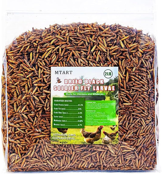 2LB Dried Black Soldier Fly Larvae Treat for Chicken, 100% Natural Non-GMO More Calcium Than Dried Mealworms High Protein Chicken Feed for Birds, Ducks, Layer Hens