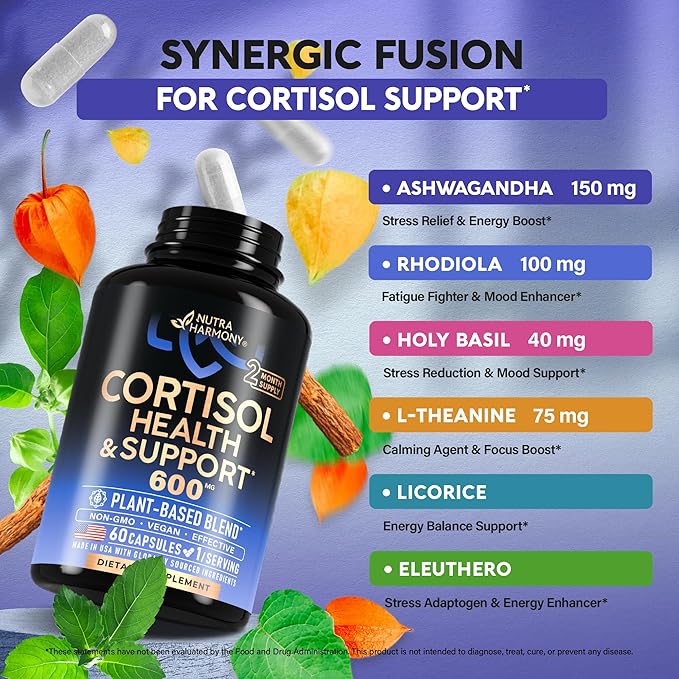 Cortisol Supplement for Women - Holy Basil | Ashwagandha | Rhodiola | L-Theanine - Plant-Based Hormone Balance - Mood, Focus & Sleep Support - Made in USA - Vegan, Non-GMO - 60 Capsules for 2 Months
