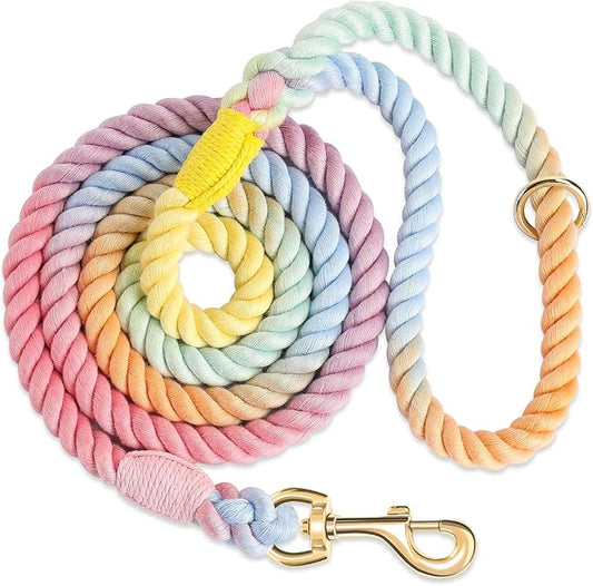 Dog Leash 5 FT Handmade Braided Cotton Rope Leashes for Small Medium and Large Dogs, New Golden Heavy Duty Metal Clasp, Colorful Macaron