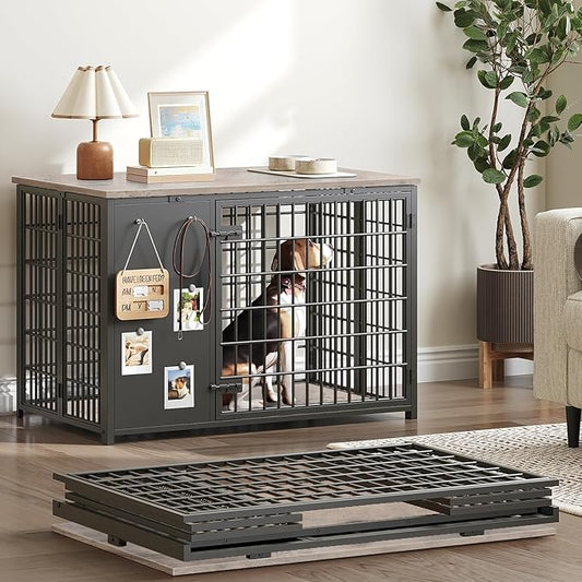 Foldable Dog Crate Furniture, Dog Crate with DIY Frame, Heavy Duty Dog Kennel Indoor with Hooks, Wooden Dog Cage End Table, for Small/Medium Dogs, Greige DC95BG