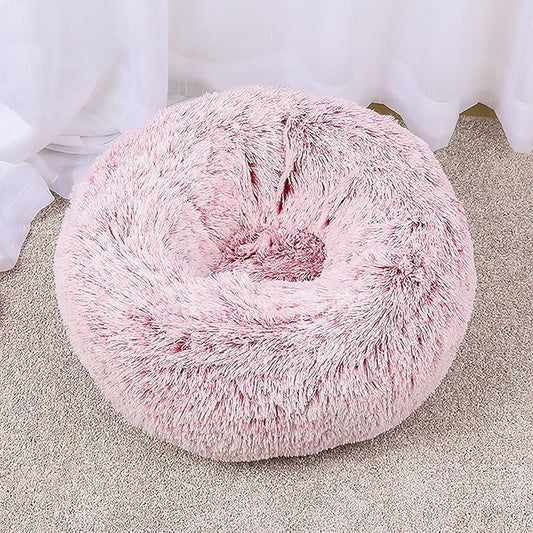 Calming Dog Bed for Small Dogs, Calming Donut Cuddler Pet Bed Anti Anxiety Round Dog Bed Fluffy Plush Faux Fur Cat Bed,Pink,27.5IN