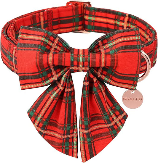 Christmas Dog Collar with Bow Tie, Cotton Christmas Plaid Collar for Medium Girl Boy Dog,Red &Green Plaid Dog Collar Bowtie with Durable Metal Buckle,Adorable Pet Collar,S,Neck 10-16in