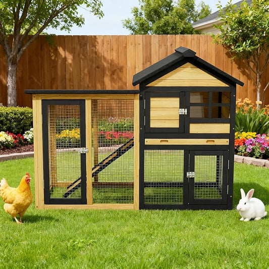 Chicken Coop, Chicken Run,Small Wooden Duck Coop Outdoor 2-Tier Hen House All Weather Used Poultry Quail Cage Rabbit Pet Hutch House with Ramp for Small Animals (Yellow Black)