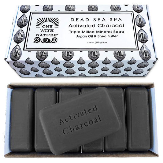 One With Nature 4Oz 6Pack Charcoal Soap Bar In Gift Box For Face, Body, Acne, All Skin Types - Contains Dead Sea Salt, Activated