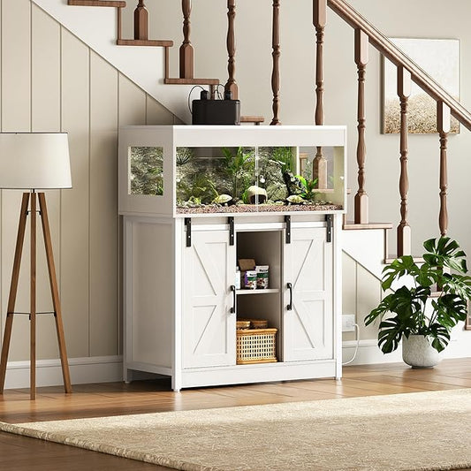 40 Gallon Reptile Terrarium with Stand, Reptile Tank with Barn Door and Storage, Vivarium with Acrylic Doors, Ventilated Mesh Top & Power Outlet, for Geckos, Lizards, Snakes White PX06RTW