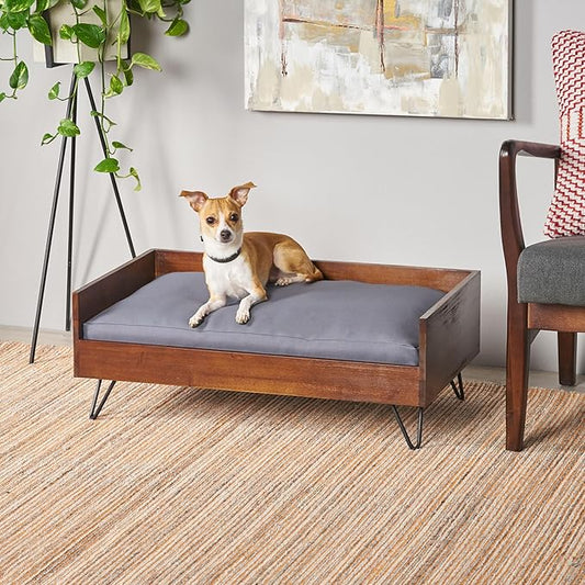 Christopher Knight Home Mid-Century Modern Pet Bed, Brown Acacia Wood Frame with Gray Cushion, Hairpin Legs, 29.5x17.75x11 Inches