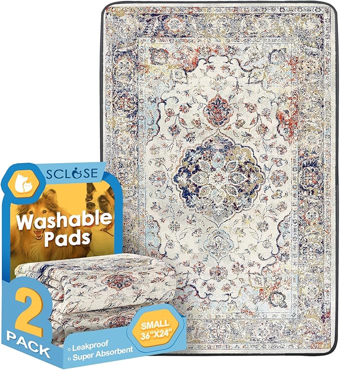 Washable Pee Pads for Dogs 2 Pack, 36" x 24" Reusable Puppy Pads Waterproof, Super Absorbent Dog Rugs, Leakproof, Dog Crate Pad, Playpen Mat, Whelping Pads, Vintage Medallion