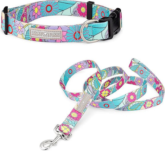 Lucky Love Dog - Adjustable Dog Collar and Leash Set with Easy Click Buckle for Large Ones, Durable, & Comfortable Collar for Male & Female Dogs, Puppies & Adult Dogs - Caroline, XL