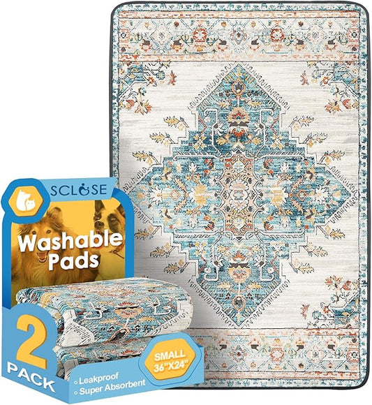 Washable Pee Pads for Dogs 2 Pack, 36" x 24" Reusable Puppy Pads Waterproof, Super Absorbent Dog Rugs, Leakproof, Dog Crate Pad, Playpen Mat, Whelping Pads, Blue Medallion
