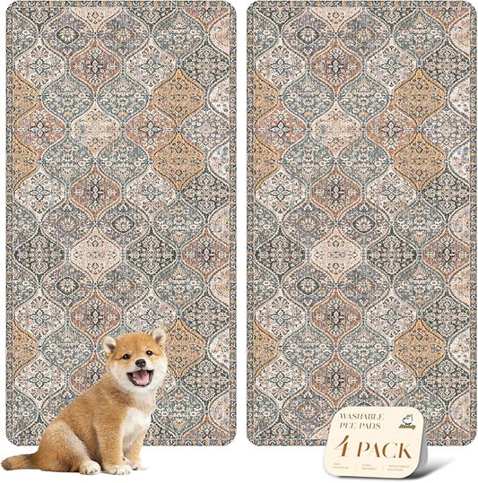 nunubaby 4PACK Washable Pee Pads for Dogs, Stylish, Non-Slip and Leak-Proof Pee Pads. Reusable Potty Pads for Dogs for Crates and Floors.(Brown/Multi, 24" x48" )